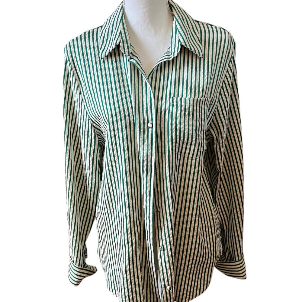Emerson Lang SZ L Green and Ivory Striped Seer Sucker French Cuff Shirt